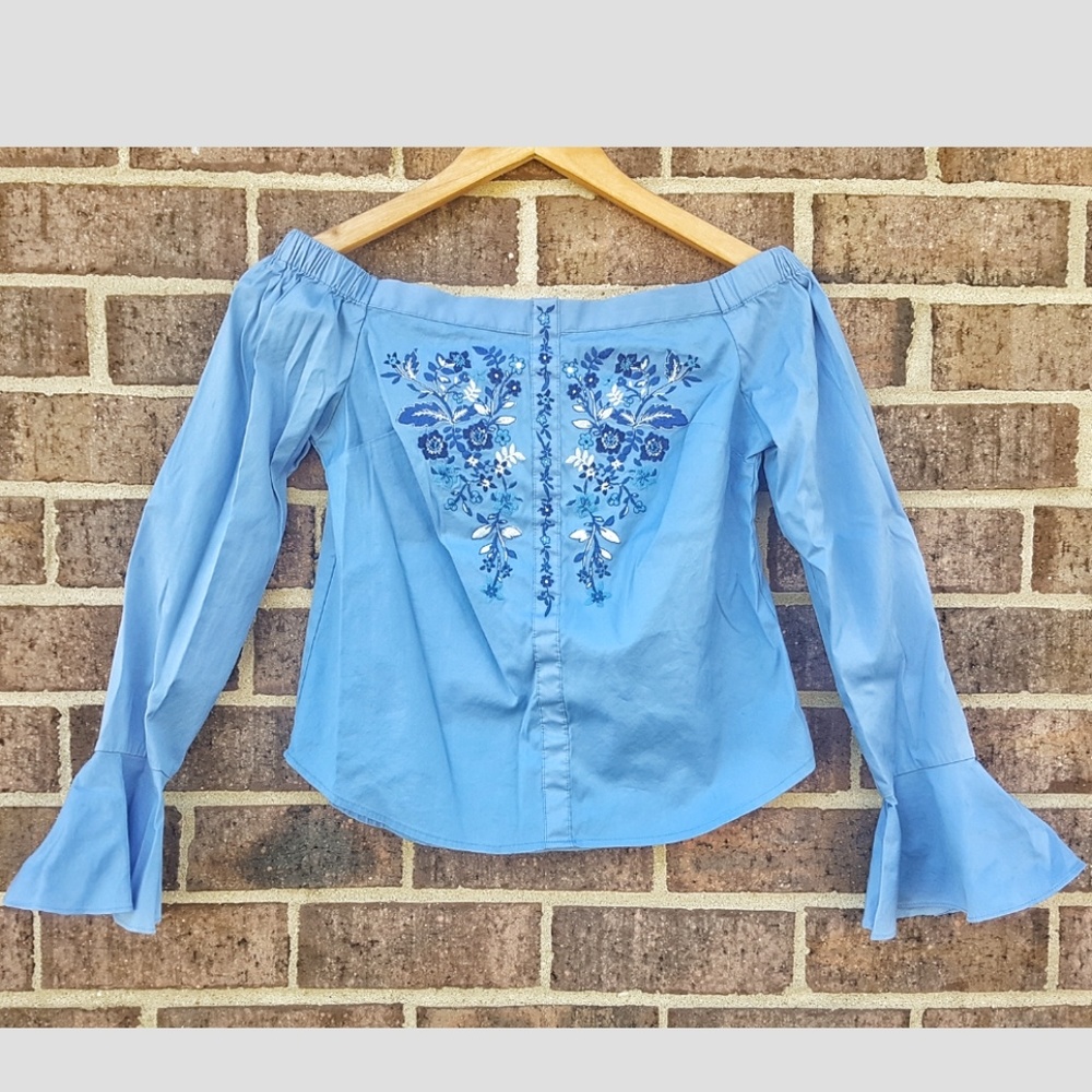 Express Off the Shoulder Embroidered Bell sleeve t
